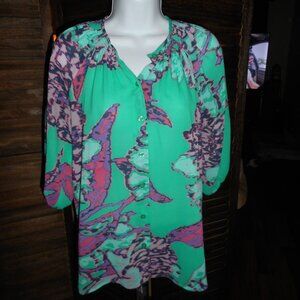 BOGO FREE, Tie dye like floral print blouse mint green, purple, pink size Medium